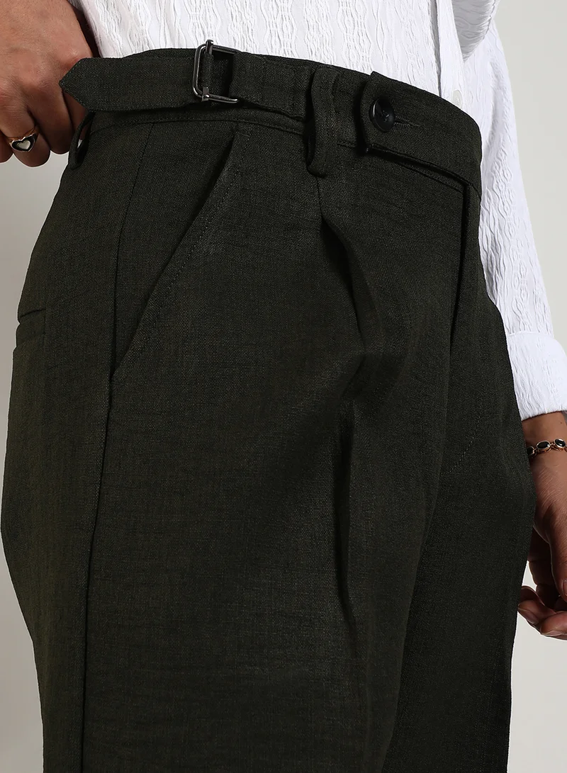 CAHOOT  Men's Juniper Green Tailored Linen-Blend Trousers For Casual Wear | Tailored-Fit | Mid-Rise | Button Closure | Trousers Crafted With Comfort Fit For Everyday Wear for Men | Best Price UAE